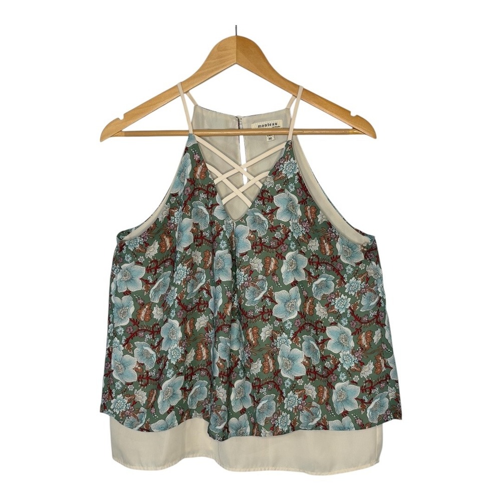 Monteau Floral Teal and Cream Strappy Tank Top